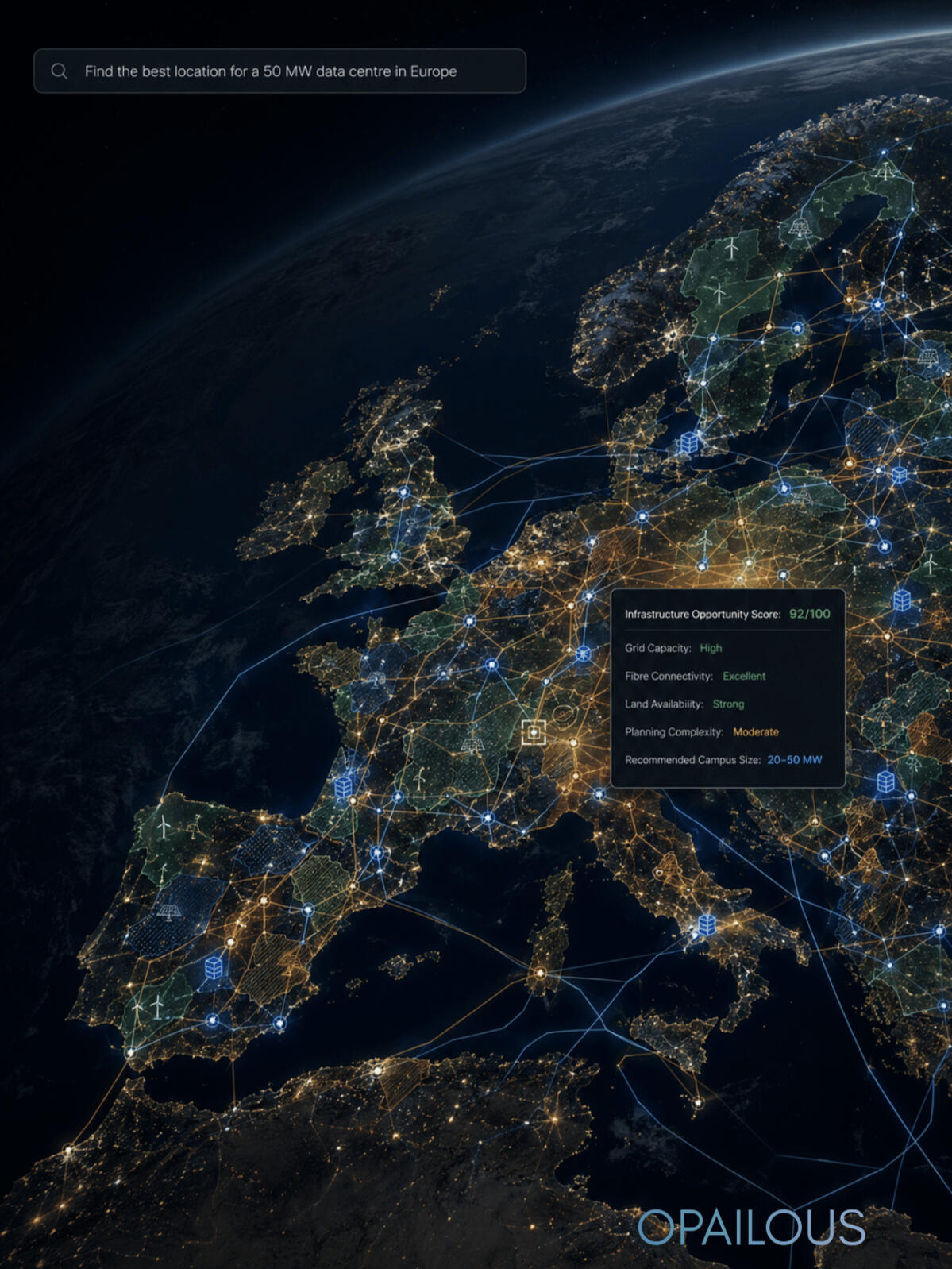 AI Data Centre Location Intelligence Platform | OPAILOUS Interactive map of Europe showing AI-powered analysis of electricity networks, fibre connectivity and infrastructure opportunities for future data centre development.