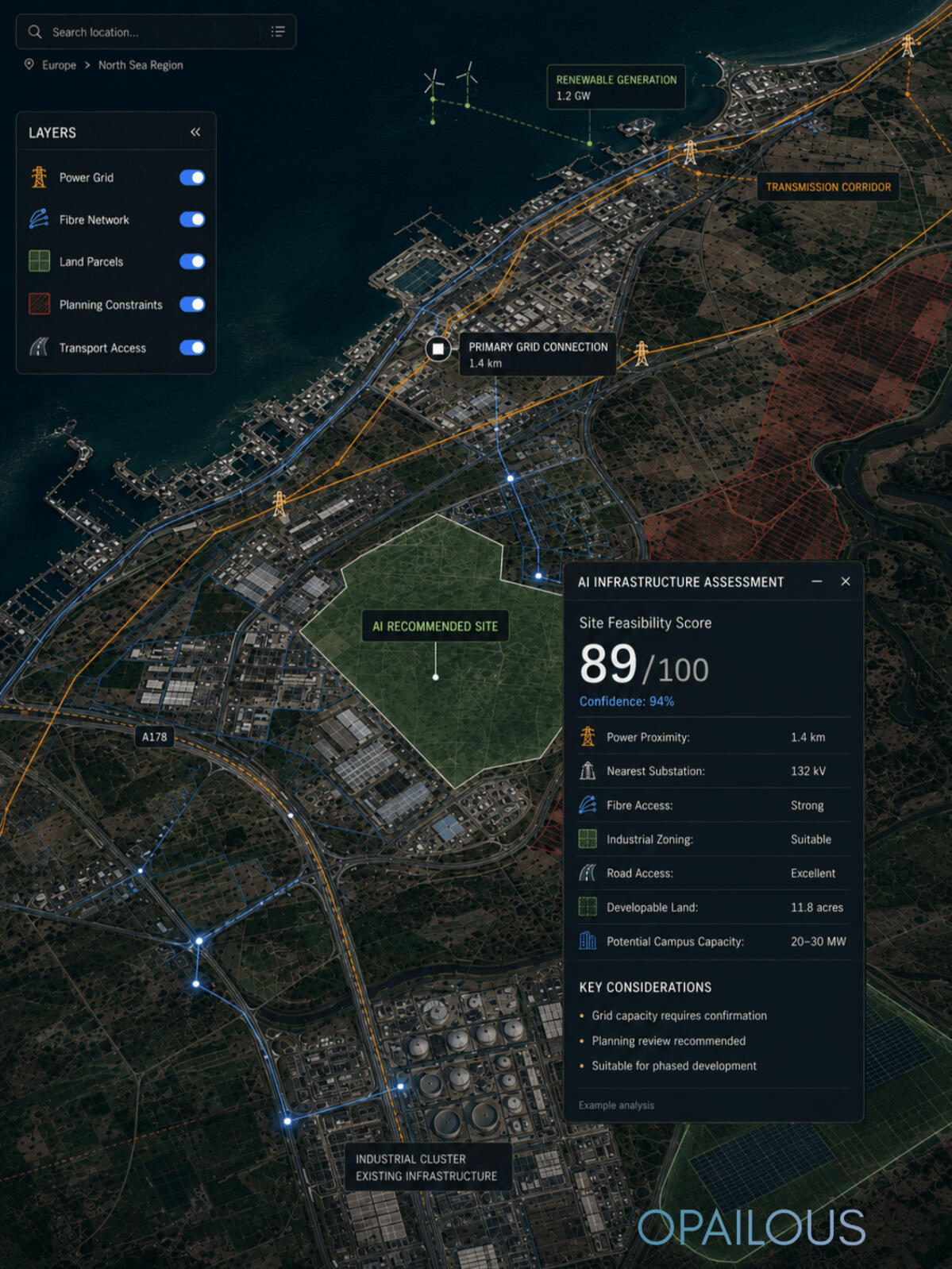Infrastructure Site Assessment Dashboard | OPAILOUS AI-powered infrastructure assessment dashboard analysing a candidate data centre site using power availability, fibre connectivity, land suitability and planning constraints.